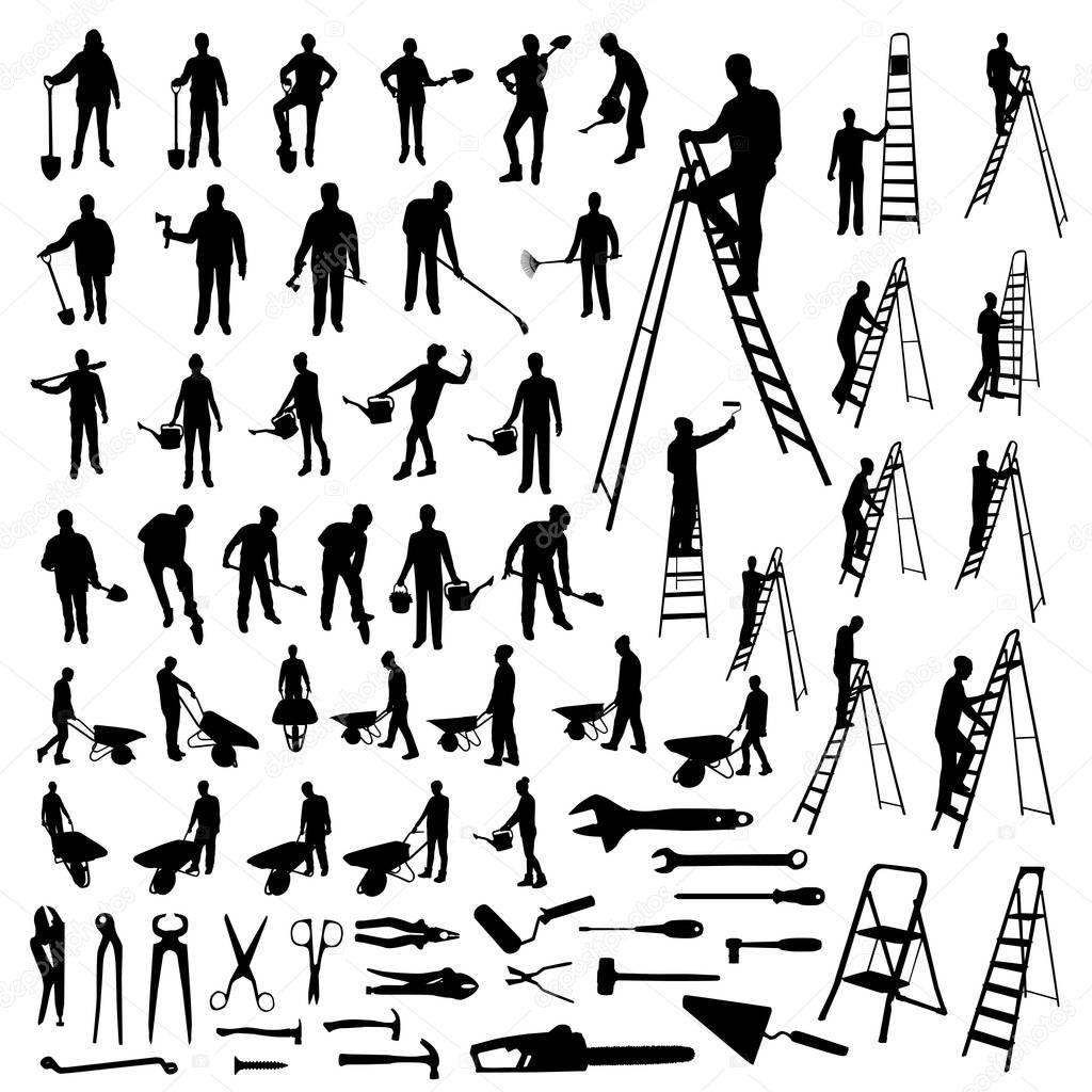 Set of working people and tools silhouettes