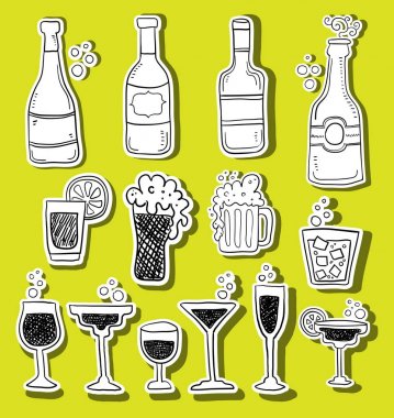 Alkol Doodle etiketleri ayarla, vektör çizim