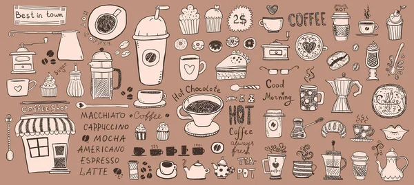 Coffee Tea Dessert Icons Set Light Brown Background — Stock Vector