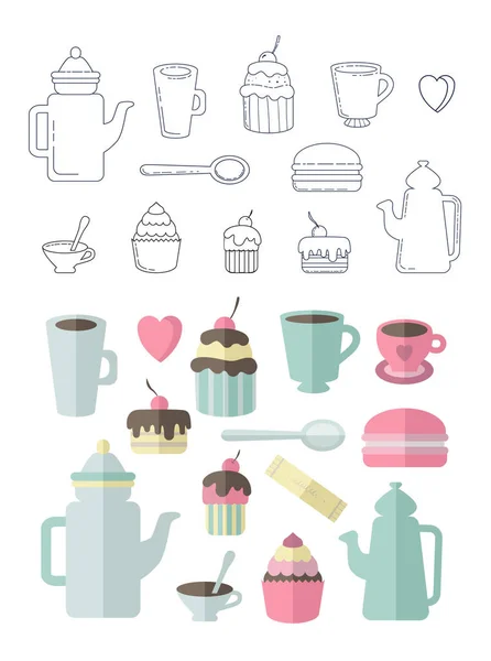 Thee Koffie Desserts Set Van Kleurrijke Illustraties — Stockvector