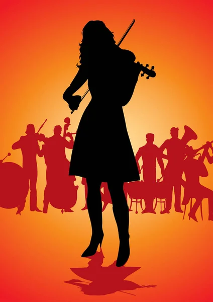 Violinista Donna Fronte All Orchestra — Vettoriale Stock