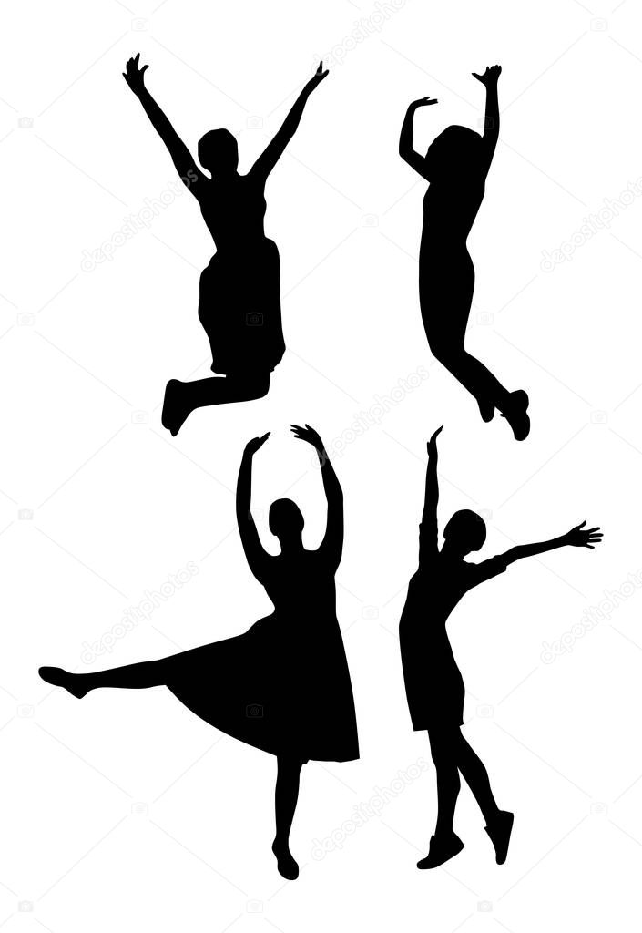Set of different jumping people silhouettes