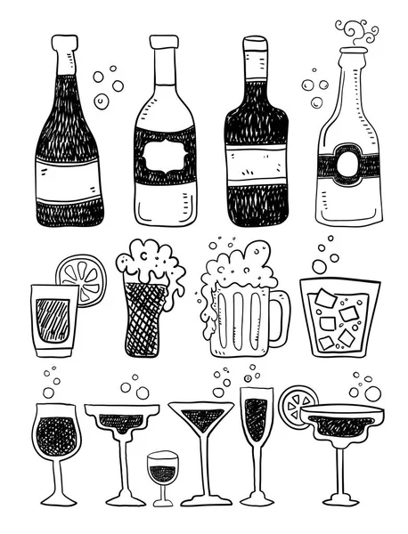 Alcohol Doodle Stickers Set Vector Illustration — Stock Vector