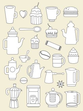 kahve ve tatlılar simgelerle çaydanlıklar ayarla, illüstrasyon vektör
