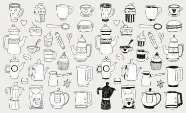 kahve ve tatlılar simgelerle çaydanlıklar ayarla, illüstrasyon vektör