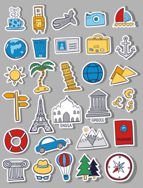 Seyahat kompozisyon ile farklı çıkartmaları - palm, Hindistan, Yunanistan, dağlar, gezegen, pasaport, çapa, güneş, para birimi, ağaçlar, Araba, pyramides, otel, Eyfel Kulesi, hava balonu.