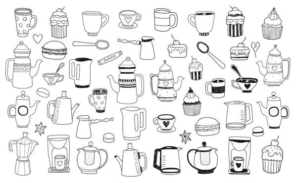 Food Composition Teapots Cups Mugs Cakes Cupcakes Spoons Cheeseburgers Isolated — Stock Vector