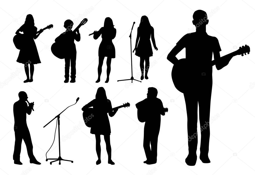 Silhouettes of people singing and playing guitars isolated on white background.