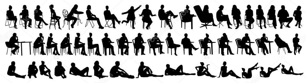 Silhouettes of posing men and women isolated on white background.