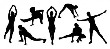 Beyaz arka plan üzerinde vektör illüstrasyon izole fitness egzersizleri yapıyor genç kadın siluetleri