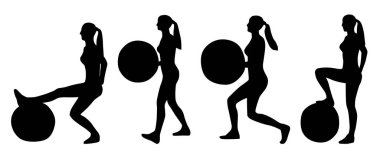 Beyaz arka plan üzerinde vektör illüstrasyon izole fitness topları ile egzersizleri yapıyor genç kadın siluetleri