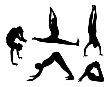 Beyaz arka plan üzerinde vektör illüstrasyon izole yoga uygulamak insan siluetleri