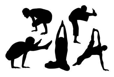 Beyaz arka plan üzerinde vektör illüstrasyon izole yoga uygulamak insan siluetleri