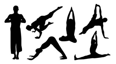 Beyaz arka plan üzerinde vektör illüstrasyon izole yoga uygulamak insan siluetleri