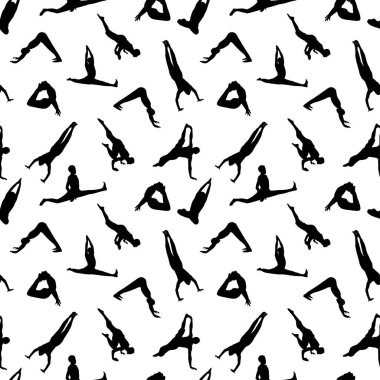 Beyaz arka plan üzerinde vektör illüstrasyon izole yoga uygulamak insan siluetleri ile Seamless Modeli