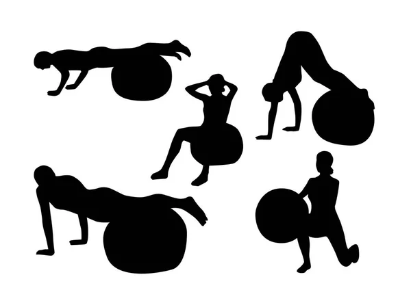 Silhouettes Young Women Doing Exercises Fitness Balls Isolated White Background — Stock Vector