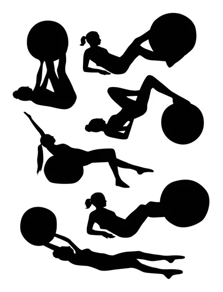 运动的年轻妇女的剪影在白色背景下被隔绝的健身球 向量例证 — 图库矢量图片