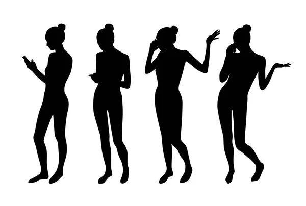 Silhouettes Jeunes Femmes Utilisant Des Smartphones Isolés Sur Fond Blanc — Image vectorielle