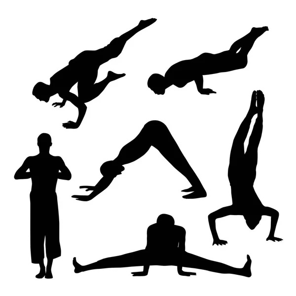 Silhouette Persone Che Praticano Yoga Isolato Sfondo Bianco Illustrazione Vettoriale — Vettoriale Stock