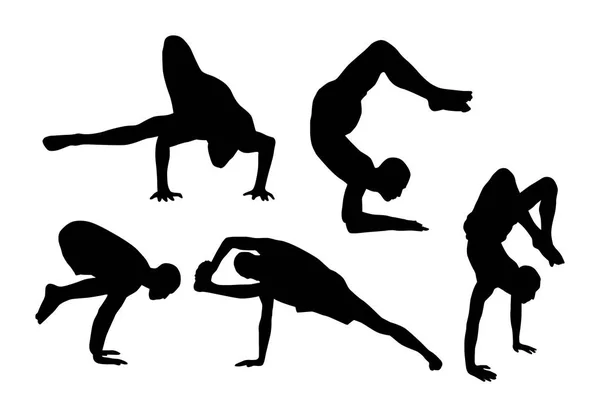 Silhouetten Von Yoga Praktizierenden Isoliert Auf Weißem Hintergrund Vektorillustration — Stockvektor