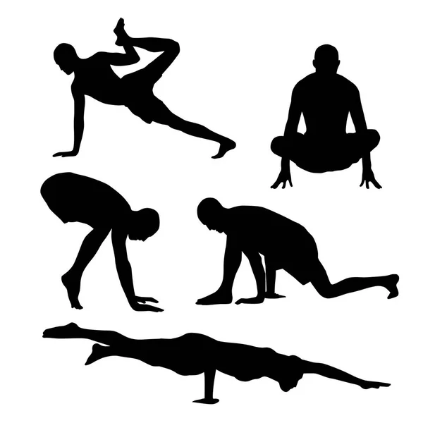 Silhouetten Von Yoga Praktizierenden Isoliert Auf Weißem Hintergrund Vektorillustration — Stockvektor