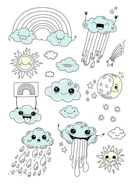 Dibujado Mano Nubes Dibujos Animados Divertidos Vector Ilustración — Vector de stock