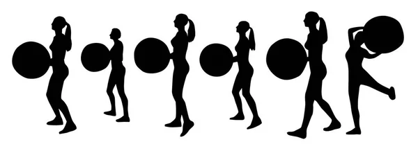 Silhouettes Young Women Doing Exercises Fitness Balls Isolated White Background Stock Illustration