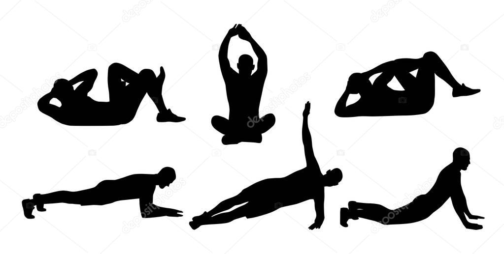 Silhouettes of young men doing fitness exercises isolated on white background, vector illustration