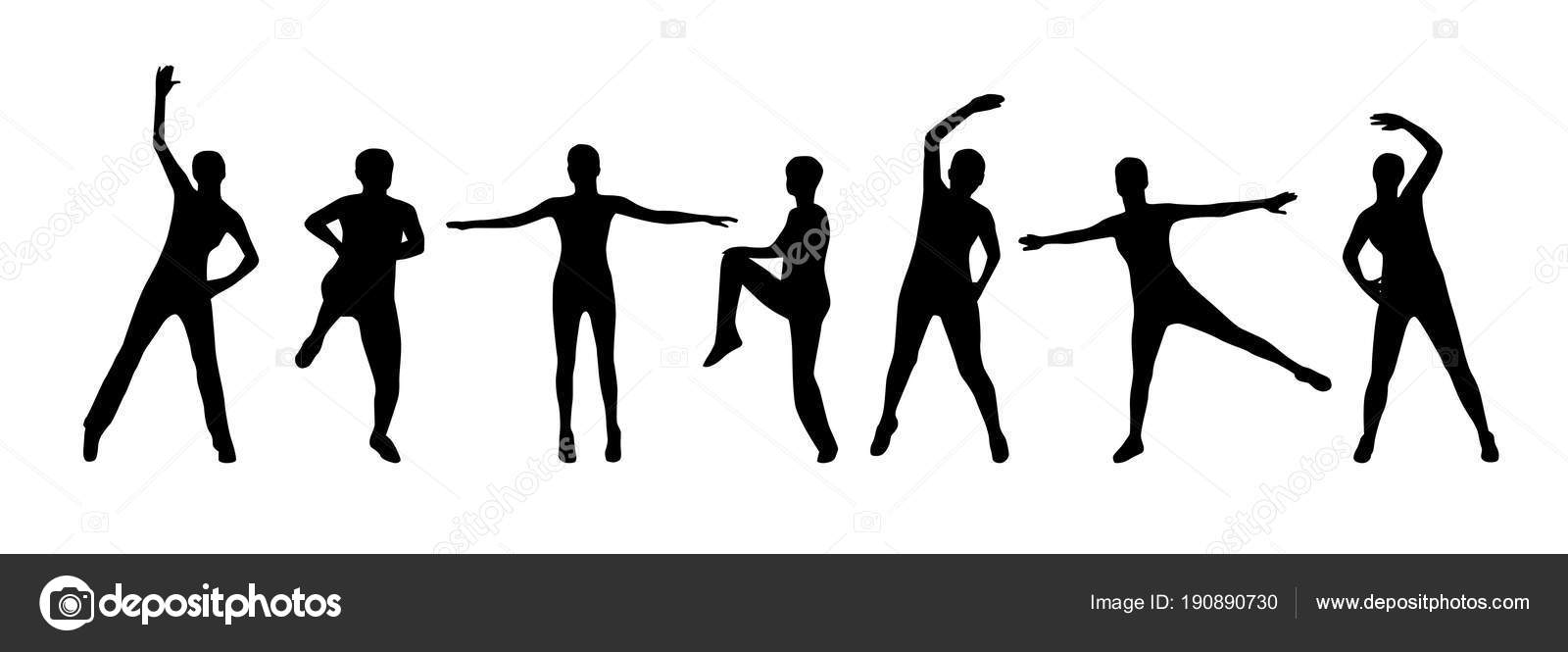 Siluetas Personas Haciendo Ejercicios Aeróbicos Sobre Fondo Blanco  Ilustración Vectorial Vector de stock #190890730 de ©orfeev, image size:1600x665