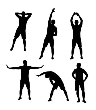 genç erkekler fitness egzersizleri beyaz arka planda, vektör çizim yapıyor siluetleri