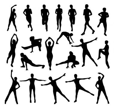 genç erkekler fitness egzersizleri beyaz arka planda, vektör çizim yapıyor siluetleri
