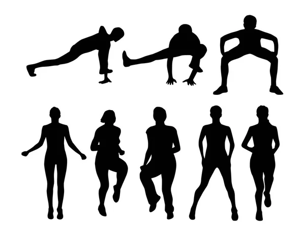 Silhouettes Personnes Faisant Des Exercices Aérobic Sur Fond Blanc Illustration — Image vectorielle