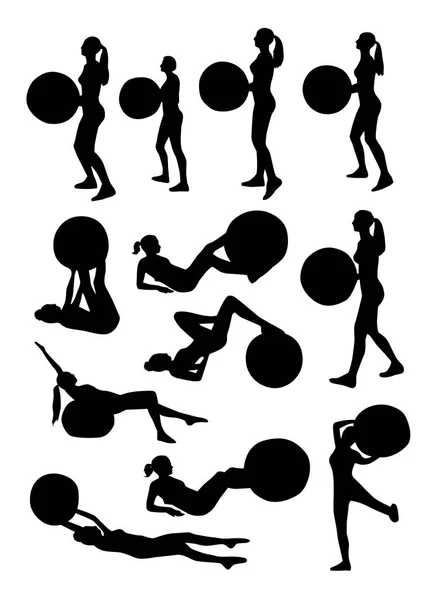 Sylwetki Ludzi Robi Ćwiczenia Fit Ball Białe Tło Ilustracji Wektorowych — Wektor stockowy