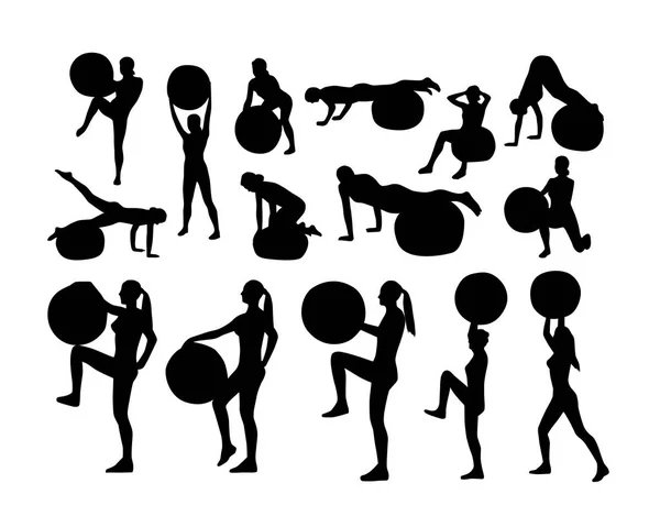 Silhouettes People Doing Exercises Fit Ball White Background Vector Illustration — Stock Vector