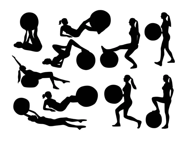 Silhouettes Personnes Faisant Des Exercices Avec Fond Blanc Ballon Ajustement — Image vectorielle