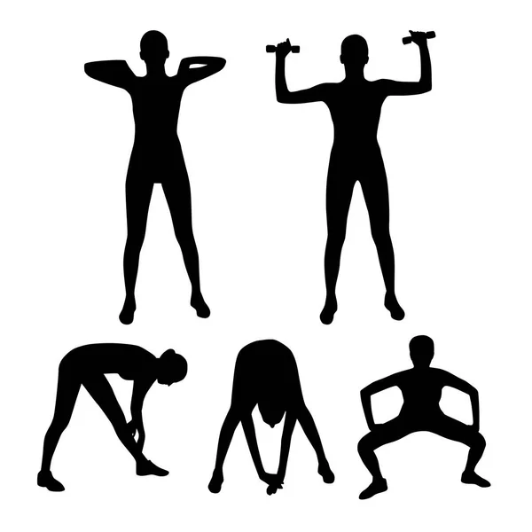 Silhouettes Young Men Doing Fitness Exercises White Background Vector Illustration — Stock Vector