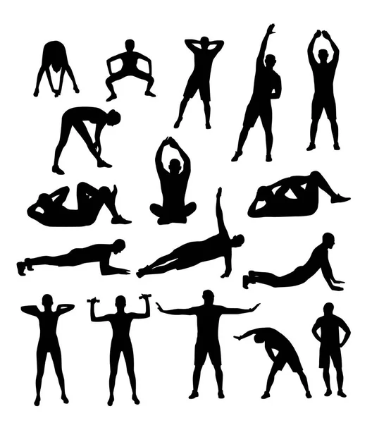 Silhouettes Young Men Doing Fitness Exercises White Background Vector Illustration — Stock Vector