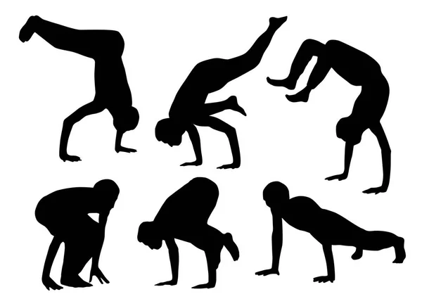 Modèle Avec Des Silhouettes Personnes Faisant Yoga Fond Blanc Illustration — Image vectorielle