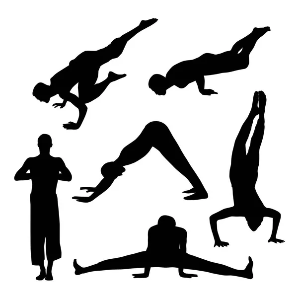 Modèle Avec Des Silhouettes Personnes Faisant Yoga Fond Blanc Illustration — Image vectorielle