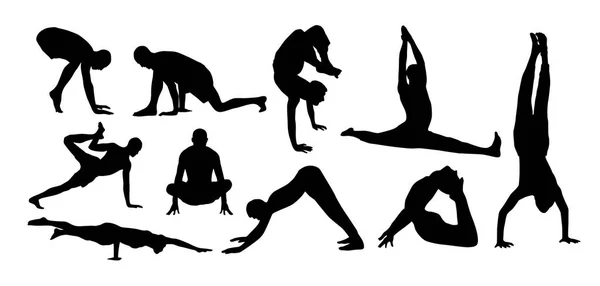 Modello Con Sagome Persone Che Fanno Yoga Sfondo Bianco Illustrazione — Vettoriale Stock