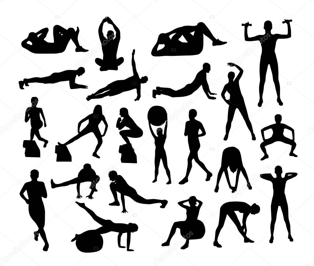 silhouettes of young men doing fitness exercises on white background, vector illustration