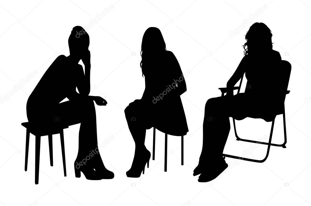 Silhouettes of women sitting in chairs isolated on white background, vector illustration