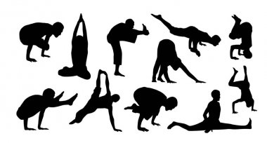 yoga, beyaz arka plan, vektör çizim yapıyor insan siluetleri ile desen