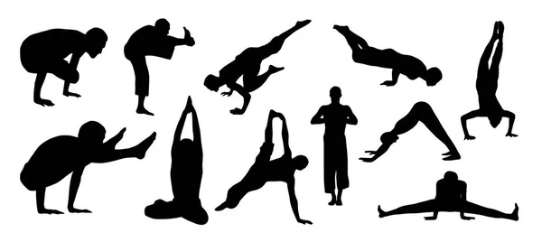 Modèle Avec Des Silhouettes Personnes Faisant Yoga Fond Blanc Illustration — Image vectorielle