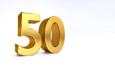 fifty, 3d illustration golden number 50 on white background and copy space on right hand side for text, Best for anniversary, birthday, new year celebration. clipart