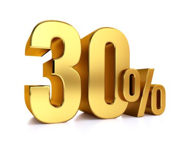 % 30 indirimli. İndirimde. Harika bir anlaşma. Otuz. Yarısı. Resmedilmiş illüstrasyon, beyaz arkaplanda büyük altın yazı tipleriyle izole edilmiş 3B metin.