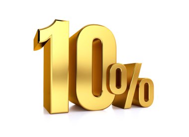 % 10 indirimli. İndirimde. Harika bir anlaşma. On. Yarısı. Resmedilmiş illüstrasyon, beyaz arkaplanda büyük altın yazı tipleriyle izole edilmiş 3B metin.