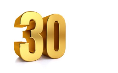 30, 3D illüstrasyon: Beyaz arkaplanda 30 numara ve metin için sağ tarafta kopya alanı, yıldönümü, doğum günü, yeni yıl kutlaması için en iyisi.
