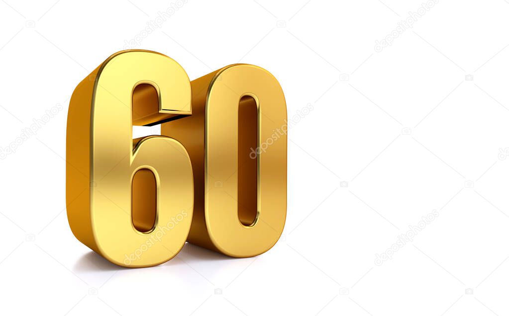 sixty, 3d illustration golden number 60 on white background and copy space on right hand side for text