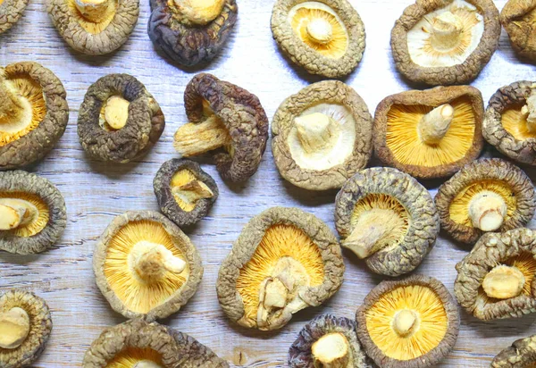 BACKGROUND with mushrooms, rich texture of the material, on the table a light brown tone, form a recognizable wood relief